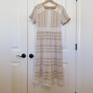POLAGRAM DRESS, NWOT: White Lace Overlay over nude lining, never worn, Size M